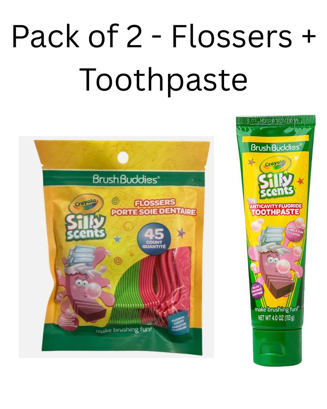 BrushBuddies Crayola Silly Scents flossers bubblegum flavor 45 count + BrushBuddies Crayola Silly Scents Anticavity Toothpaste 4 oz Bubblegum Oral