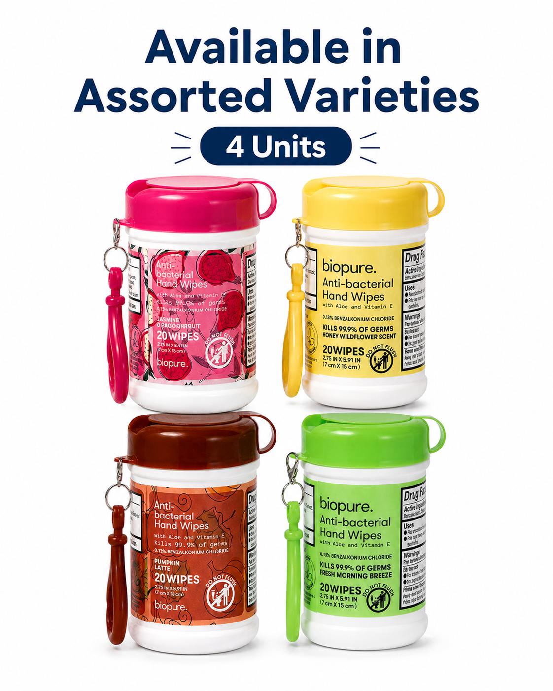 4x Biopure Assorted Products Anti-Bacterial Hand Wipes Travel Canisters Variety Pack 20 Ct Each