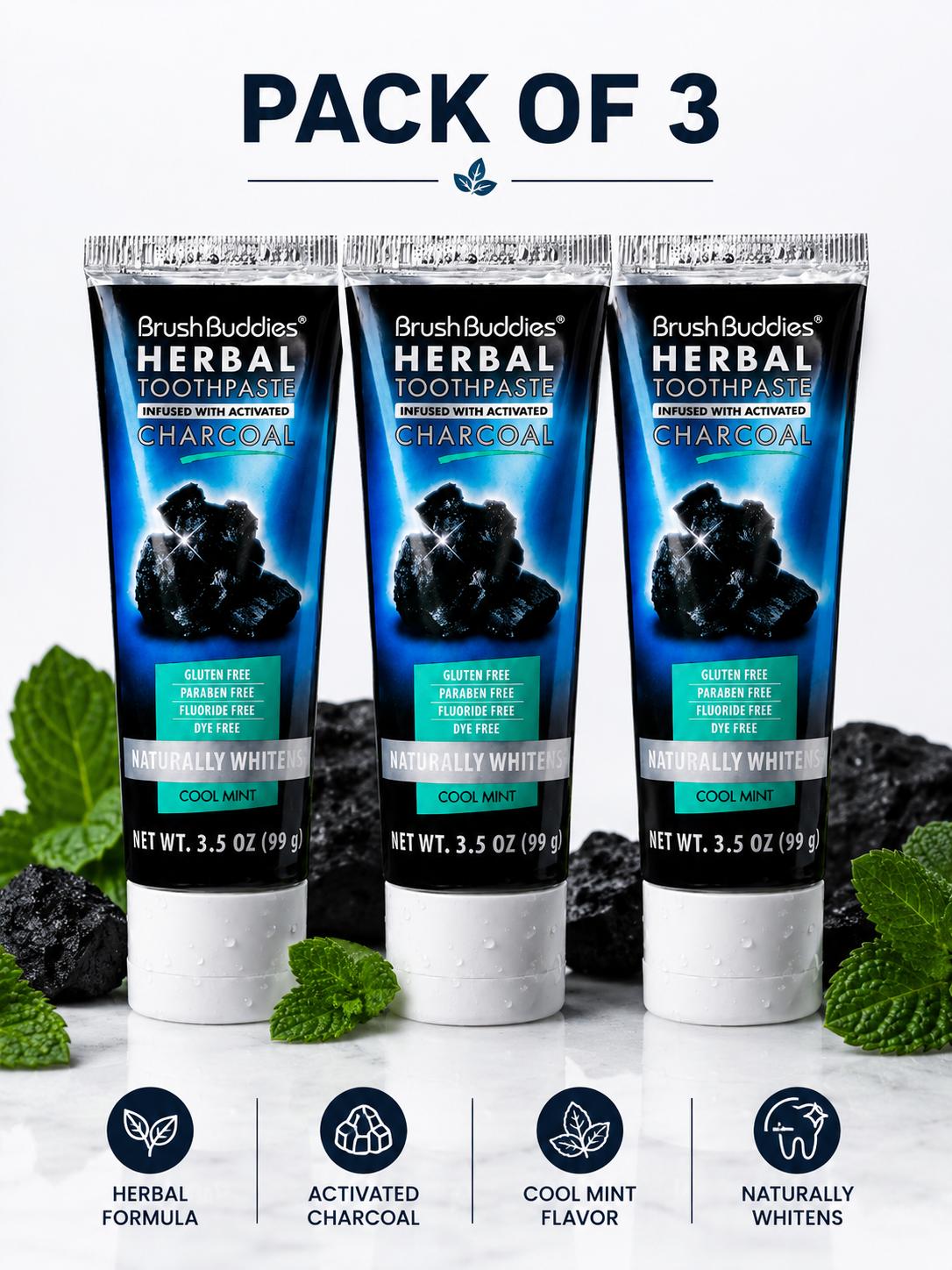 BrushBuddies Herbal Toothpaste with Activated Charcoal Pack of 3 - 3.5 oz each