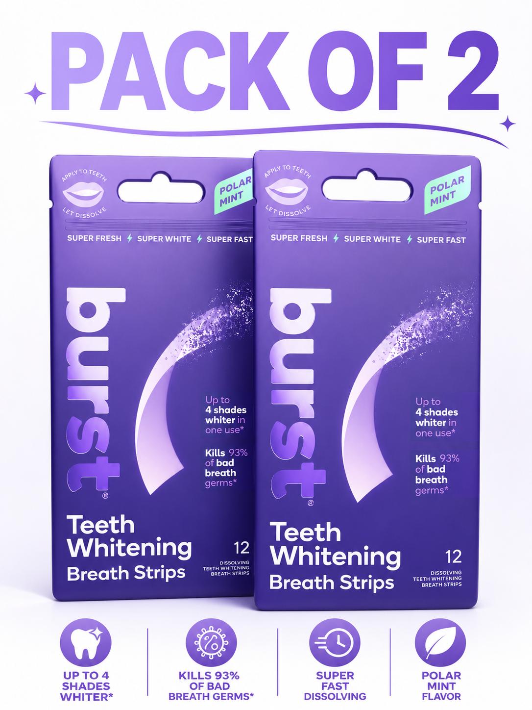 Burst Teeth Whitening Breath Strips (Polar Mint) | Kills 93% of Bad Mouth Germs | Up to 4 Shades Whi