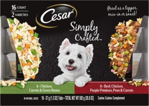 CESAR SIMPLY CRAFTED Adult Dog Food Meal Topper Variety Pack, Chicken, Carrots, & Green Beans and Beef, Chicken, Purple Potatoes, Peas & Carrots, (16) 1.3 oz. Tubs